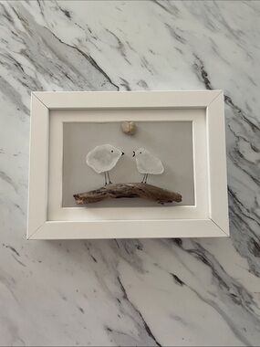 Seaglass Bird Shadowbox Art - White Frame
